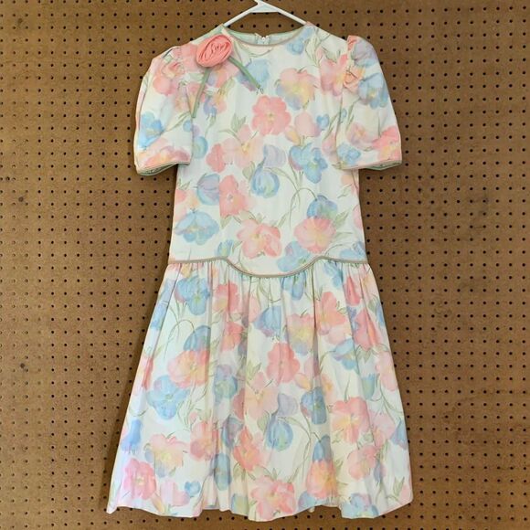 Vintage Floral Dress Pastel Drop Waist Spring Easter Girls 90s 80s Cottagecore - Picture 1 of 8